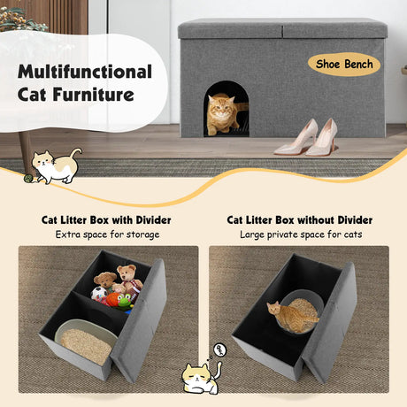 Cat Litter Box Enclosure Hidden Furniture with Urine Proof Litter Mat-Gray