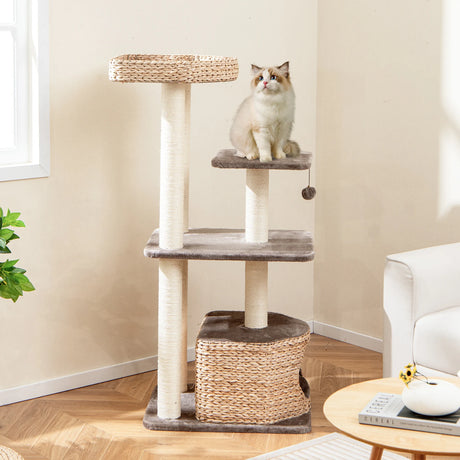 131cm Cattail Cat Tower with Sisal Scratching Posts Perch Condo Dangling Ball-Coffee