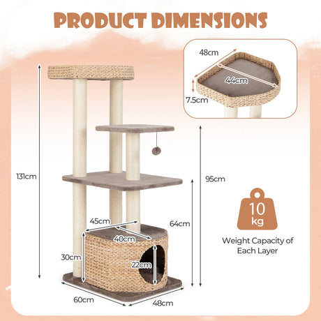 131cm Cattail Cat Tower with Sisal Scratching Posts Perch Condo Dangling Ball-Coffee