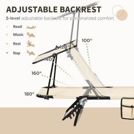 Outsunny 2 Piece Folding Sun Loungers with Canopy, Adjustable Recliner Garden Chairs with Side Pocket, Steel Frame and Breathable Mesh for Outdoor, Pool, Beach, Garden, Tan Brown