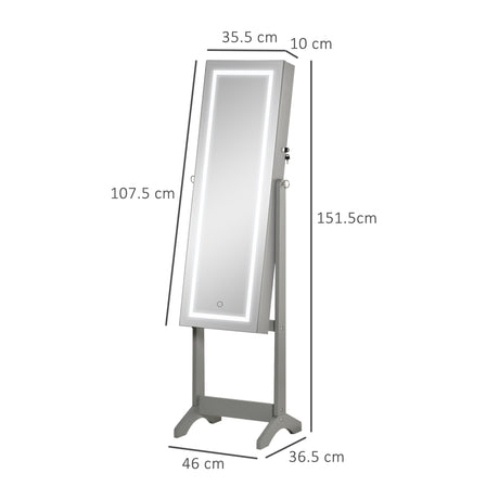HOMCOM Jewellery Cabinet with LED Light, Lockable Jewellery Organiser with Full-Length Mirror for Bedroom Dressing Room, Grey