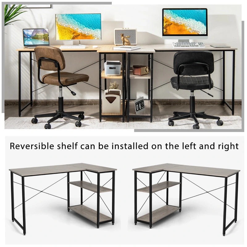 L-Shaped Corner Computer Desk with Adjustable Bookshelf for Office Grey
