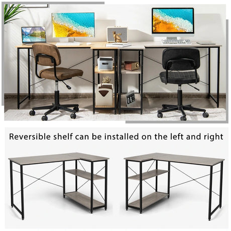 L-Shaped Corner Computer Desk with Adjustable Bookshelf for Office Grey
