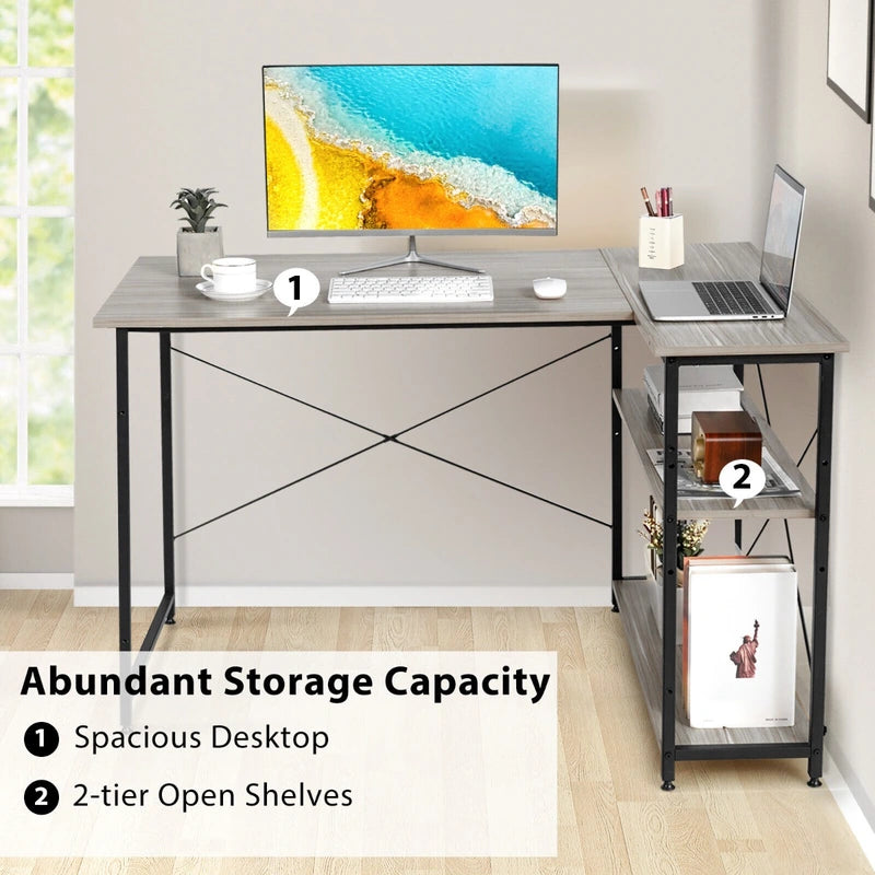 L-Shaped Corner Computer Desk with Adjustable Bookshelf for Office Grey
