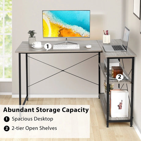 L-Shaped Corner Computer Desk with Adjustable Bookshelf for Office Grey