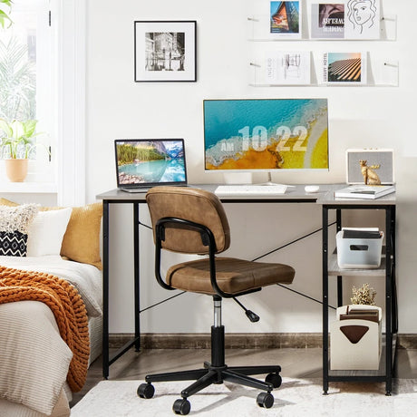 L-Shaped Corner Computer Desk with Adjustable Bookshelf for Office Grey