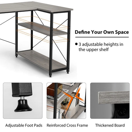 L-Shaped Corner Computer Desk with Adjustable Bookshelf for Office Grey