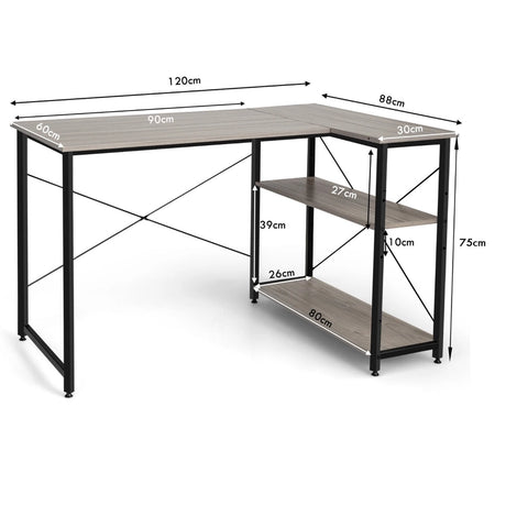 L-Shaped Corner Computer Desk with Adjustable Bookshelf for Office Grey
