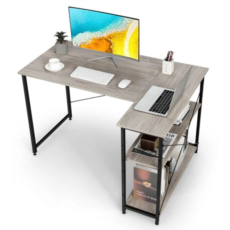 L-Shaped Corner Computer Desk with Adjustable Bookshelf for Office Grey