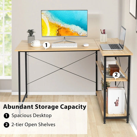 Corner Computer Desk with Adjustable Storage Shelves for Bedroom Natual