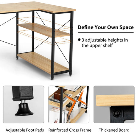 Corner Computer Desk with Adjustable Storage Shelves for Bedroom Natual