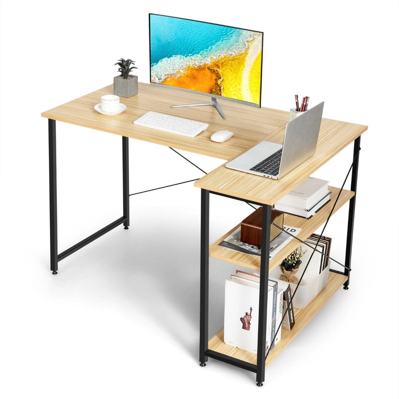 Corner Computer Desk with Adjustable Storage Shelves for Bedroom Natual