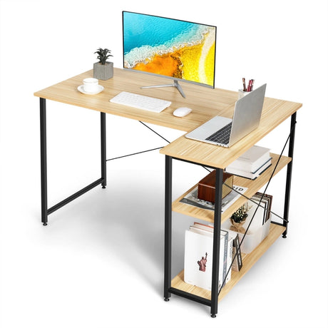 Corner Computer Desk with Adjustable Storage Shelves for Bedroom Natual