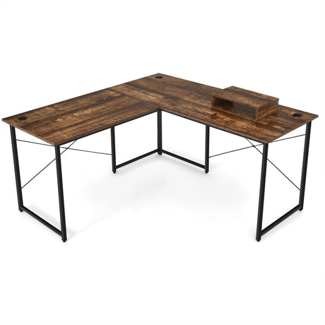 95 Inch 2-Person L-Shaped Long Reversible Computer Desk with Monitor Stand-Rustic Brown
