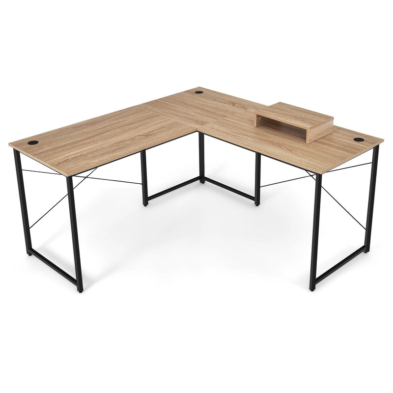 95 Inch 2-Person L-Shaped Long Reversible Computer Desk with Monitor Stand-Natural
