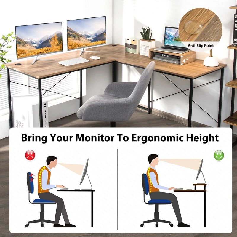 95 Inch 2-Person L-Shaped Long Reversible Computer Desk with Monitor Stand-Natural