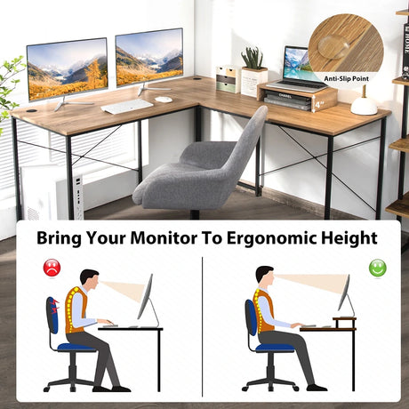 95 Inch 2-Person L-Shaped Long Reversible Computer Desk with Monitor Stand-Natural