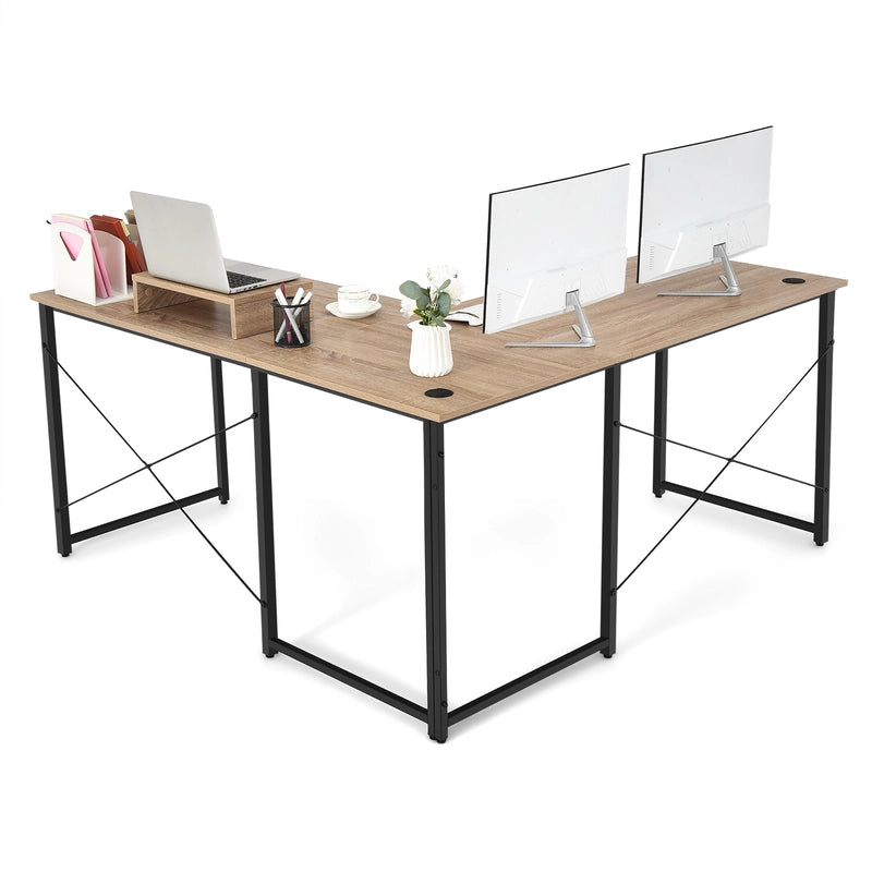 95 Inch 2-Person L-Shaped Long Reversible Computer Desk with Monitor Stand-Natural