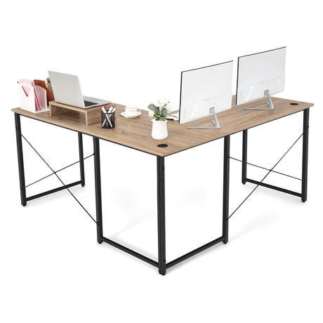 95 Inch 2-Person L-Shaped Long Reversible Computer Desk with Monitor Stand-Natural