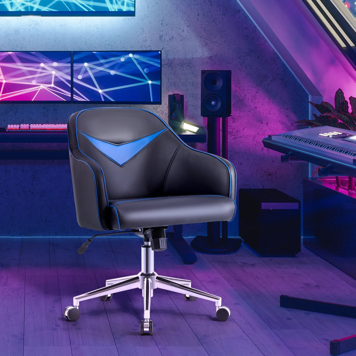 Swivel Office Chair with Adjustable Height &amp; Recline Blue + Black