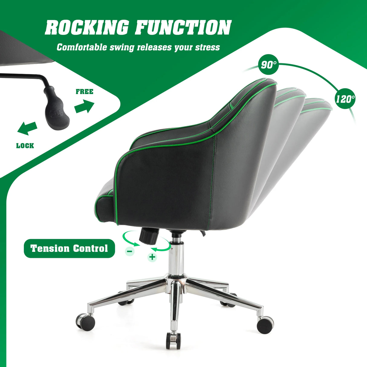 Swivel Office Chair with Adjustable Height &amp; Rectangle Green + Black