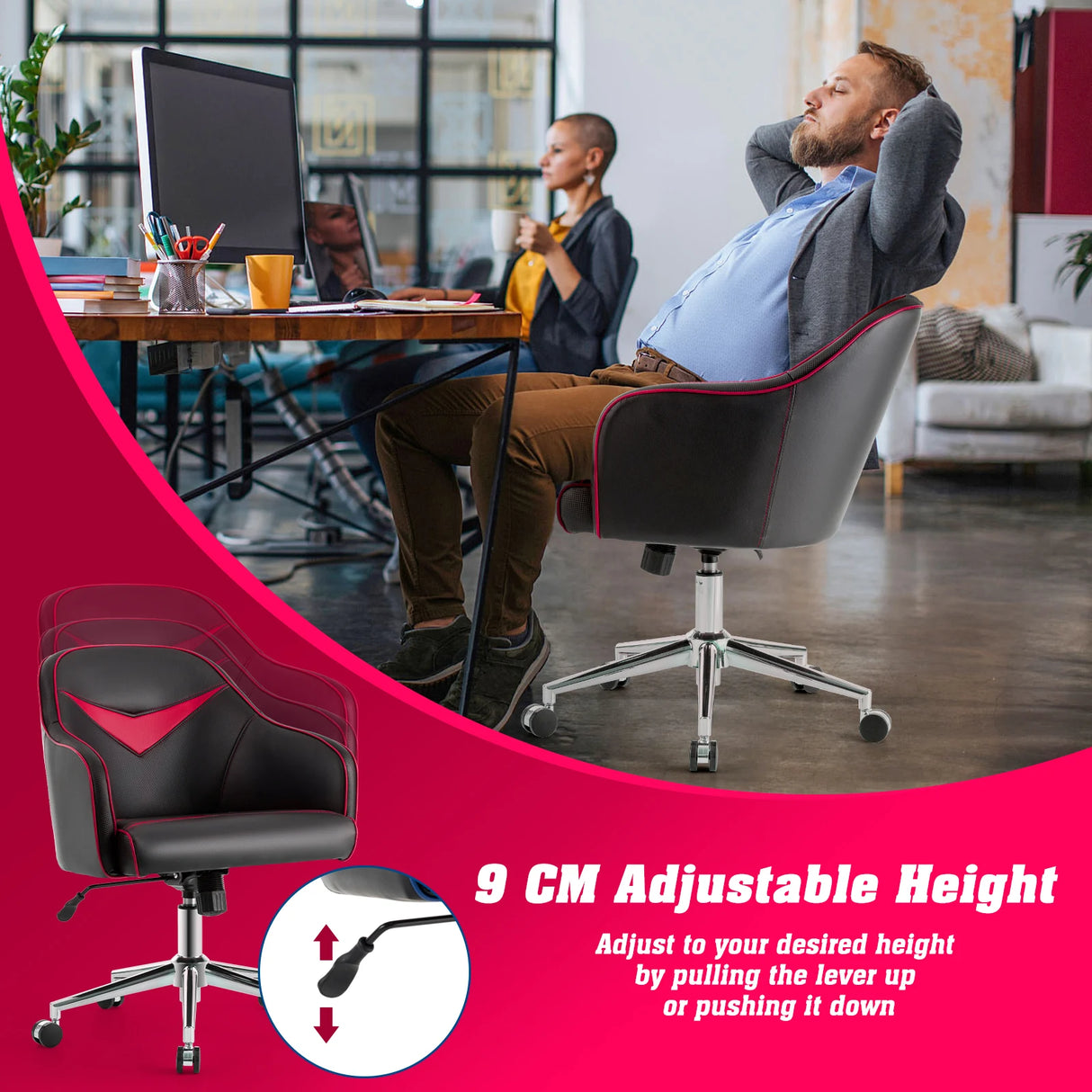 Swivel Office Chair with Adjustable Height &amp; Recline Red + Black