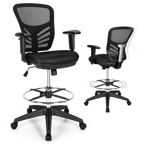 Mid-Back Drafting Chair with Adjustable Foot Ring for Office &amp; Home-Black