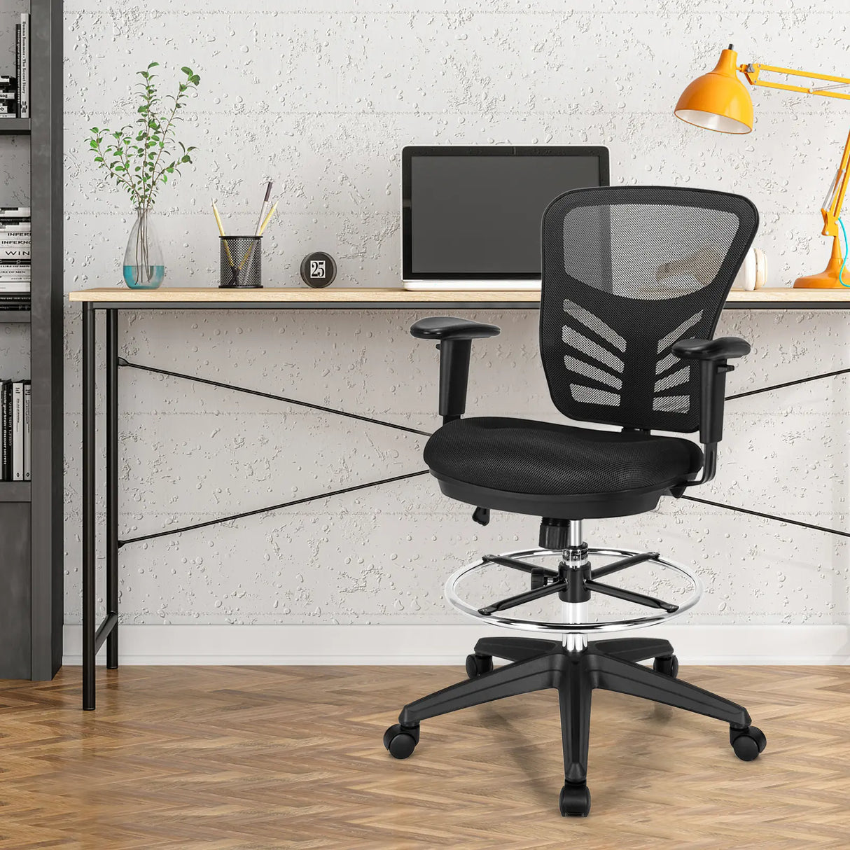 Mid-Back Drafting Chair with Adjustable Foot Ring for Office &amp; Home-Black