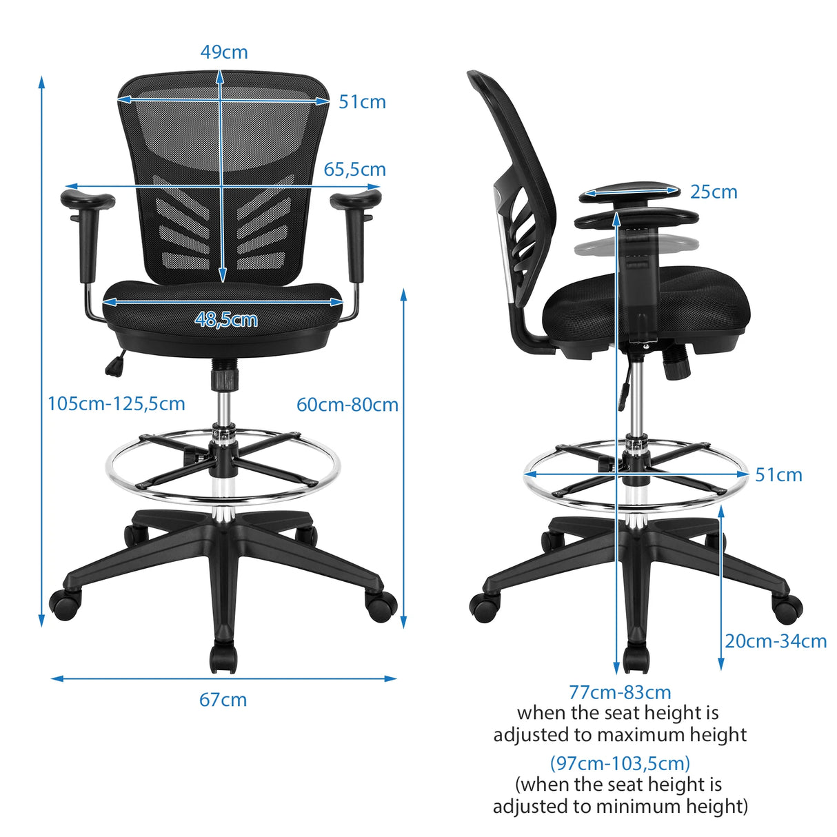 Mid-Back Drafting Chair with Adjustable Foot Ring for Office &amp; Home-Black