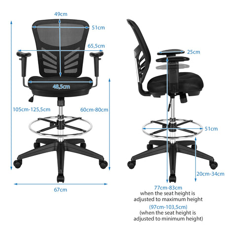 Mid-Back Drafting Chair with Adjustable Foot Ring for Office &amp; Home-Black