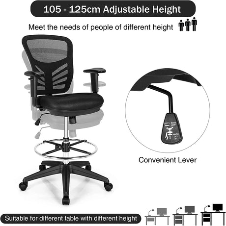 Mid-Back Drafting Chair with Adjustable Foot Ring for Office &amp; Home-Black
