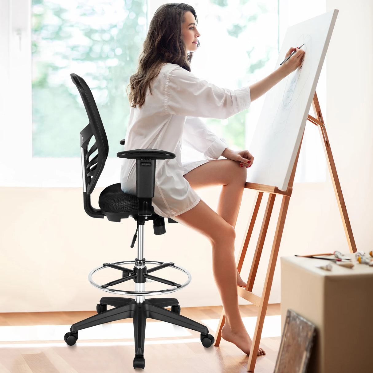 Mid-Back Drafting Chair with Adjustable Foot Ring for Office &amp; Home-Black