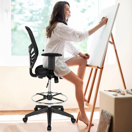Mid-Back Drafting Chair with Adjustable Foot Ring for Office &amp; Home-Black