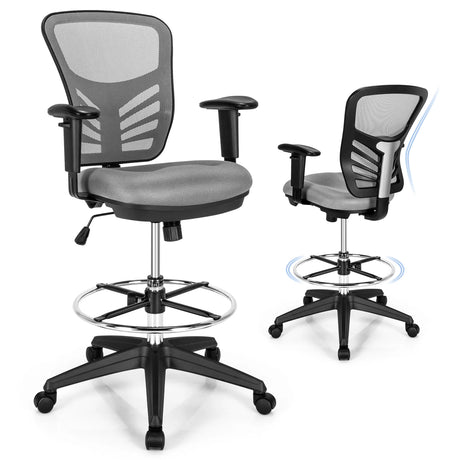 Mid-Back Drafting Chair with Adjustable Foot Ring for Office &amp; Home-Grey