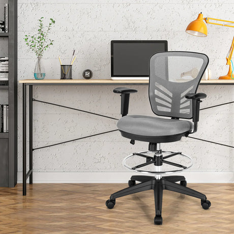 Mid-Back Drafting Chair with Adjustable Foot Ring for Office &amp; Home-Grey