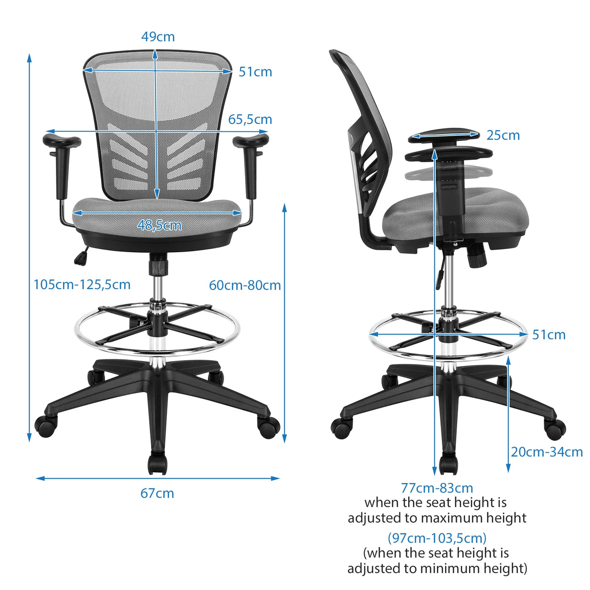 Mid-Back Drafting Chair with Adjustable Foot Ring for Office &amp; Home-Grey