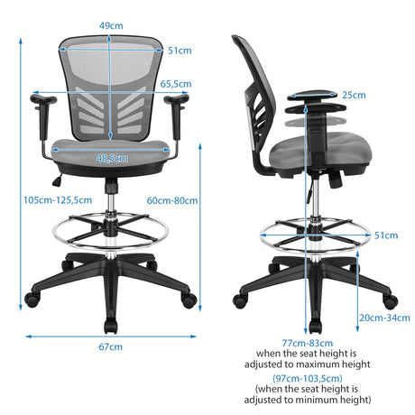 Mid-Back Drafting Chair with Adjustable Foot Ring for Office &amp; Home-Grey