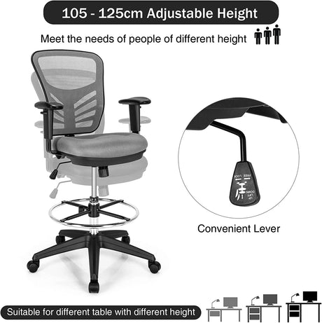 Mid-Back Drafting Chair with Adjustable Foot Ring for Office &amp; Home-Grey