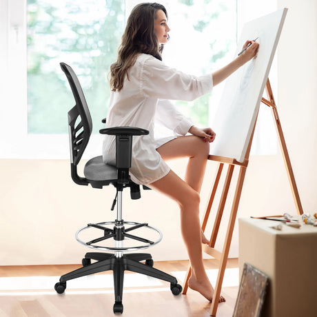 Mid-Back Drafting Chair with Adjustable Foot Ring for Office &amp; Home-Grey