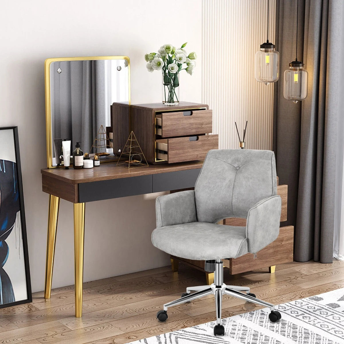 Upholstered Swivel Chair with Adjustable Height for Home & Office