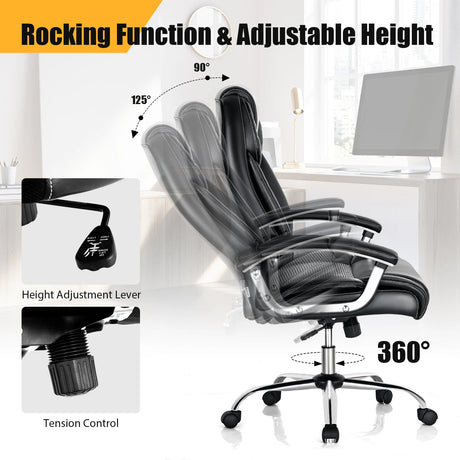 Office chair with high back padded armrests, Home executive chair upholstered in black pvc leather