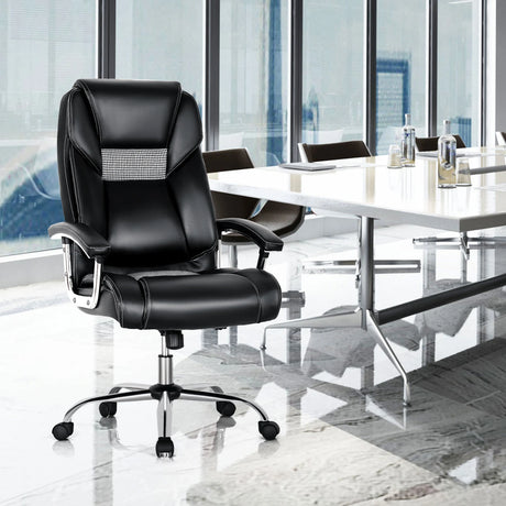 Office chair with high back padded armrests, Home executive chair upholstered in black pvc leather