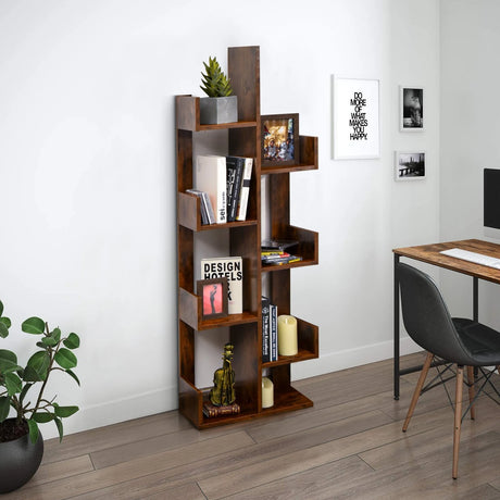 8-Tier Bookshelf Bookcase with 8 Open Compartments Space-Saving Storage Rack -Coffee