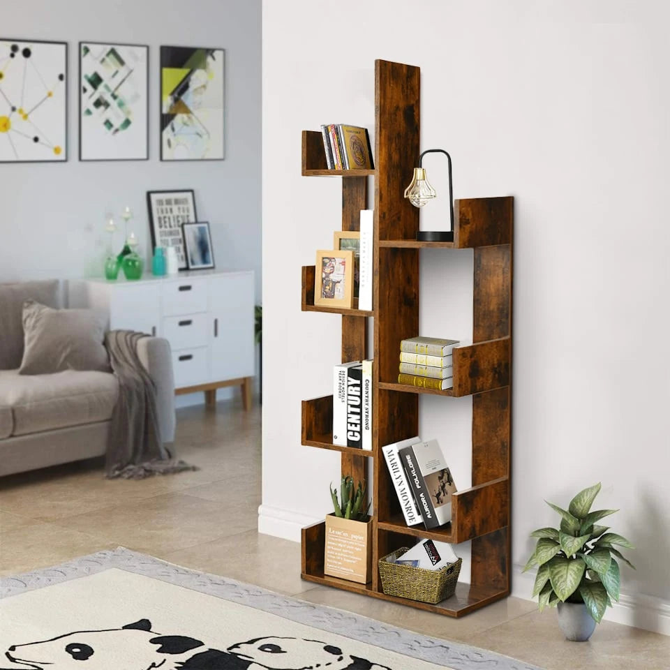 8-Tier Bookshelf Bookcase with 8 Open Compartments Space-Saving Storage Rack -Coffee