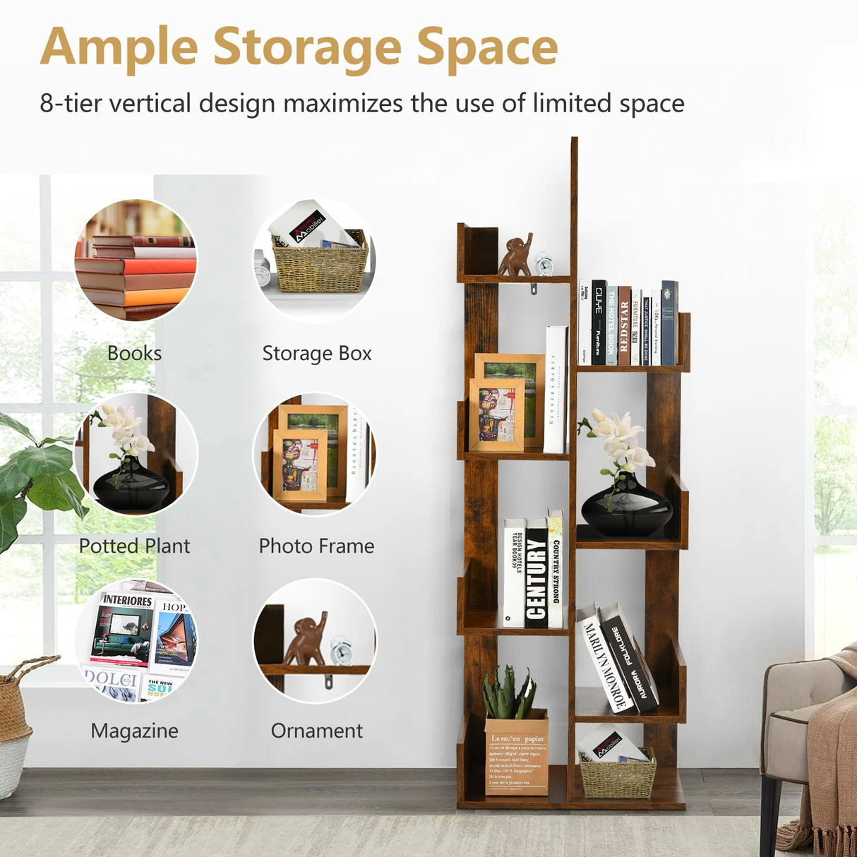 8-Tier Bookshelf Bookcase with 8 Open Compartments Space-Saving Storage Rack -Coffee
