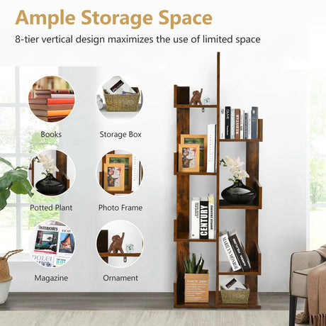 8-Tier Bookshelf Bookcase with 8 Open Compartments Space-Saving Storage Rack -Coffee