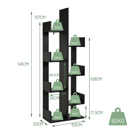 8-Tier Bookshelf Bookcase with 8 Open Compartments Space-Saving Storage Rack -Black