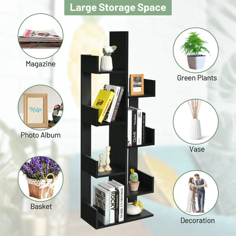 8-Tier Bookshelf Bookcase with 8 Open Compartments Space-Saving Storage Rack -Black