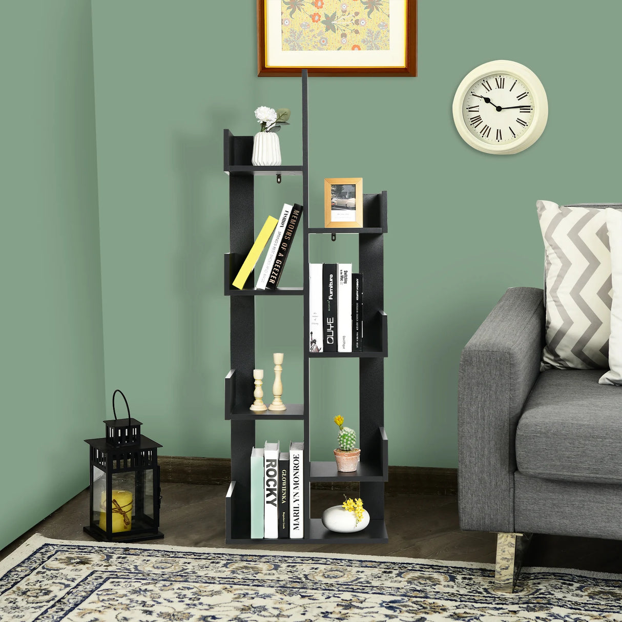 8-Tier Bookshelf Bookcase with 8 Open Compartments Space-Saving Storage Rack -Black