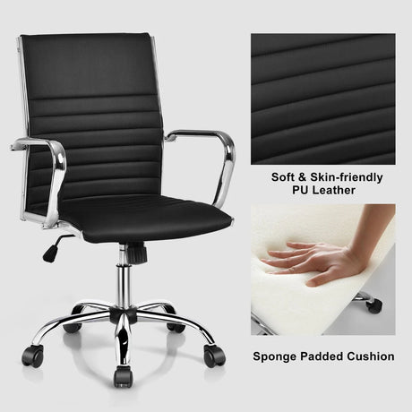 PU Leather Office Chair High Back Conference Task Chair with Armrests-Black